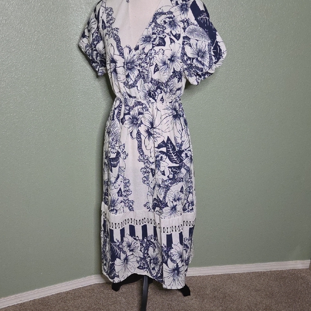 NWT Spighe Di Lino Large Navy Floral Lightweight Midi Dress With Pockets - Picture 2 of 10